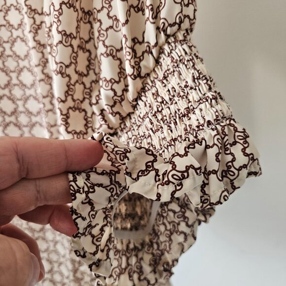 SHEIN Curve Quiet Lux Ecru Print Blouse w/Shirred Short Sleeve Cuff - Picture 3 of 7